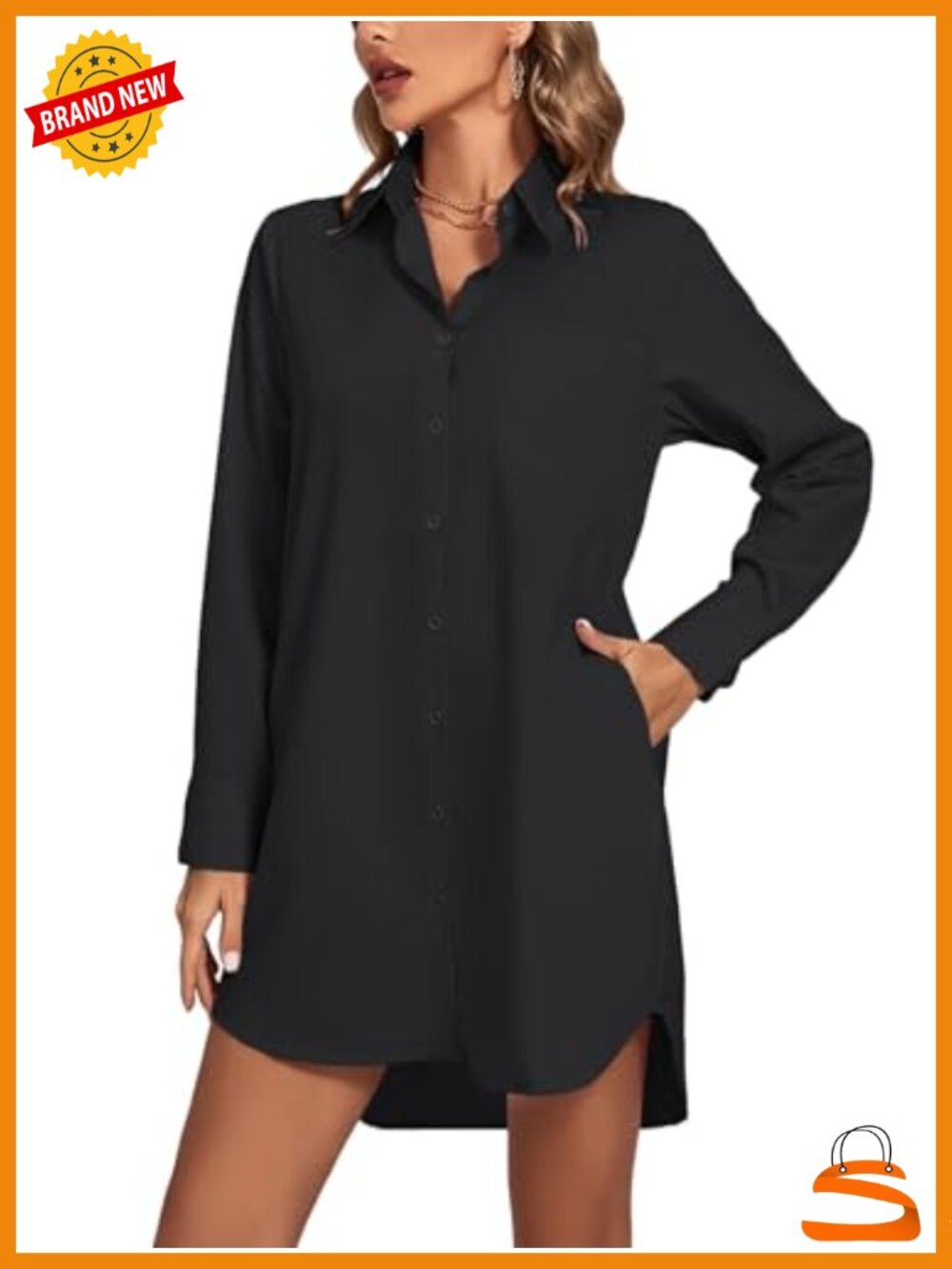 V Neck Button Down Shirt Dress Curved Hem Long Sleeve Mini Blouse Top